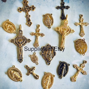 Sale Assortment gold Catholic Rosary Centerpiece and Crucifix, Crucifixes-Miraculous Medals connectors for Diy Rosary making kit Findings