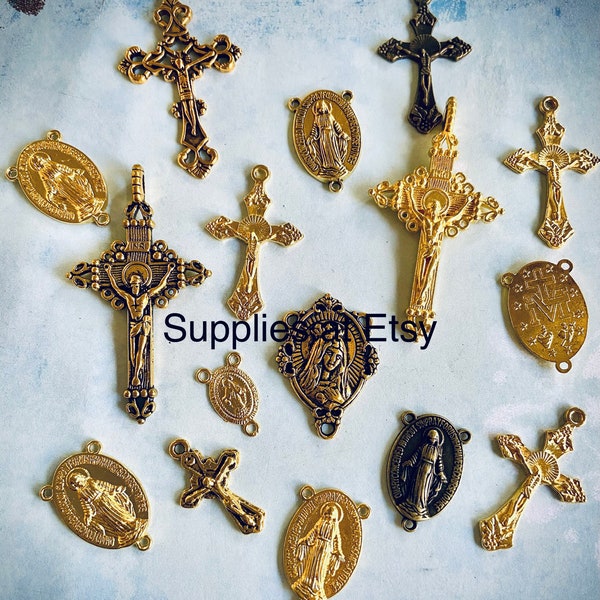 Sale Assortment gold Catholic Rosary Centerpiece and Crucifix, Crucifixes-Miraculous Medals connectors for Diy Rosary making kit Findings