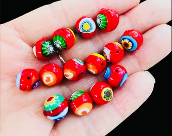 Vintage Millefiori Glass Beads-loose Fancy Floral Murano beads-Moretti Millefiori Lampwork glass bead-Boho Red millefiori Beads