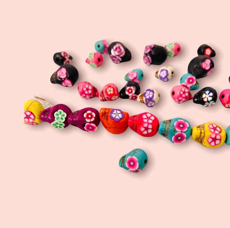 Sugar Skull Flower Eyes Beads- halloween beads-Multi-Colored embellished skull beads-dia de muertos beads, Mexican Folk, earrings making image 4