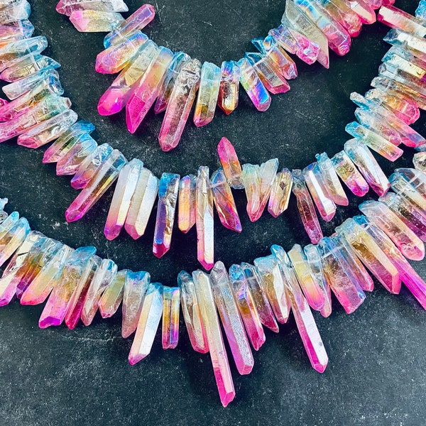 Sale Mystic rainbow pink blue yellow quartz point Raw cut Free Form Crystal Titanium AB coated Stick beads strand,spires Tusk Spikes Hippie