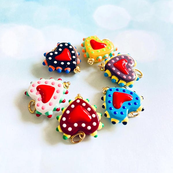 18k gold plated puffy heart Glass pendant-whimsical colorful polka dots Heart charm-friendship glass Heart pendant-DYI jewelry supplies