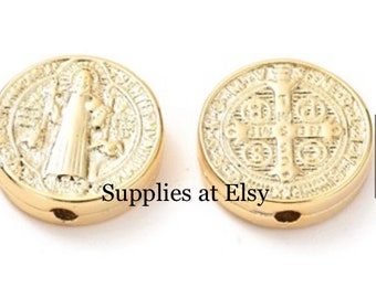 18k gold plated St Benedict gold plated Puffy beads medal-Catholic Medals-St Benedict spacer beads-San Benito Medalla-favors-saint Benedict