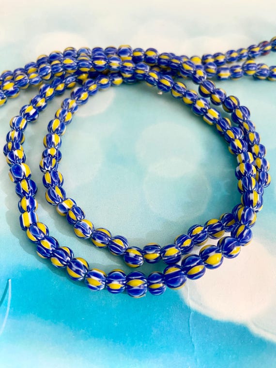 White Yellow Blue Striped Round Glass Beads-round Chevron 