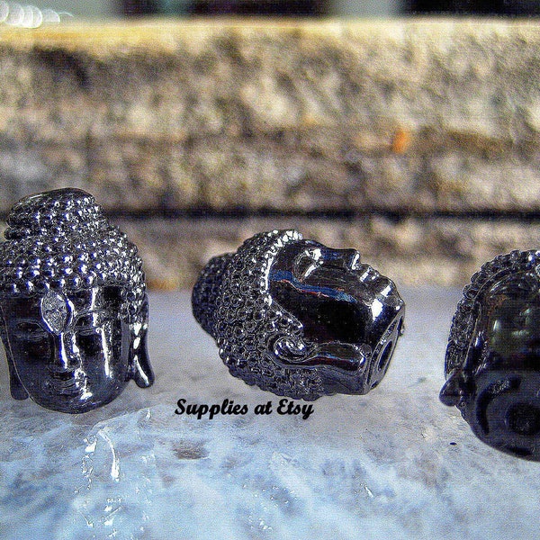 SALE Cz Buddha head Bead-GunMetal micro Pave cubic Zirconia Buddha head Charm Connector-Buddha Spacer Beads-black Buddha cz bead