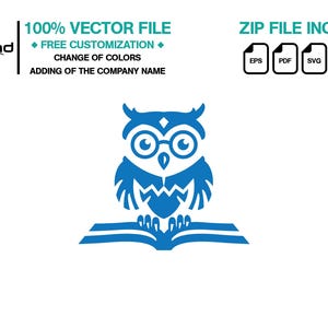 Op de afbeelding: Blauw uilenlogo met bril, zittend op een open boek. Het logo is op een witte achtergrond.