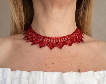 Minimalistische ketting met rode kralen | Handgemaakte glazen kraag | Etnische choker | Oekraïense Sylyanka-sieraden | Uniek cadeau voor haar