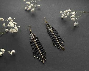 Elegant earrings and beaded necklace with wheat design in gold and black colors - Ukrainian handmade jewelry