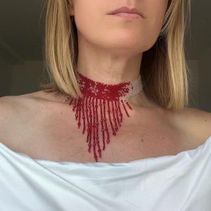 Bloody Beaded Choker Necklace – Halloween Jewelry, Transparent Bead Choker with Blood Effect, bloody choker