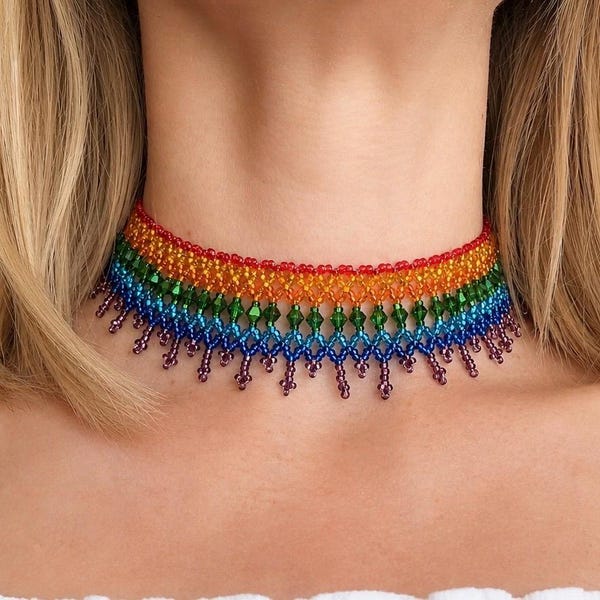 Rainbow Beaded Fringe Choker – LGBTQ Pride Statement Necklace, Handmade Colorful Jewelry, bdsm collar choker