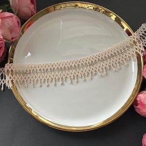 Puede incluir: Un delicado collar choker de cuentas de color crema, con un diseño de flecos. El collar se exhibe sobre un plato blanco con borde dorado, rodeado de rosas rosas. El collar mide aproximadamente 30 cm de largo.