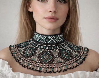 Ukrainian handmade necklace Silyanka Gerdan Beaded collar Ethno beaded necklace Lemkivska Kryvulka Ukrainian jewellery, emerald necklace