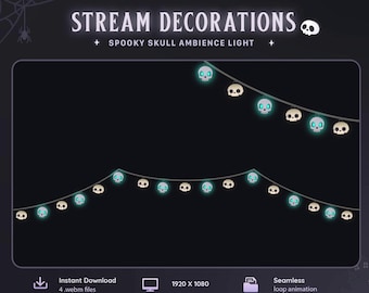 May include: Digital stream decorations featuring a spooky skull ambience light string. The graphic displays two curved lines of small skulls, alternating between beige and glowing cyan colors against a dark background. Text includes STREAM DECORATIONS, SPOOKY SKULL AMBIENCE LIGHT, Instant Download, 1920 x 1080, and Seamless loop animation.