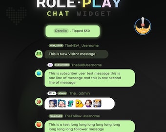 May include: A digital graphic for a role-playing chat widget. The design features chat bubbles with user messages, usernames, and a tipped amount. The text includes "ROLE-PLAY CHAT WIDGET" and various user status indicators.