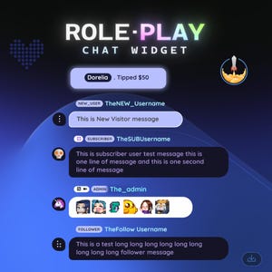 May include: A digital graphic showcasing a "ROLE-PLAY CHAT WIDGET" interface. The design features chat bubbles with usernames and messages, including "Dorelia Tipped $50" and "TheNEW_Username". The color scheme is a gradient of blues and purples.
