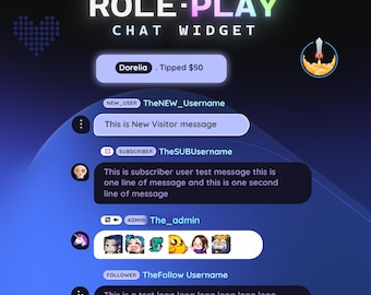 May include: A digital graphic showcasing a "ROLE-PLAY CHAT WIDGET" interface. The design features chat bubbles with usernames and messages, including "Dorelia Tipped $50" and "TheNEW_Username". The color scheme is a gradient of blues and purples.