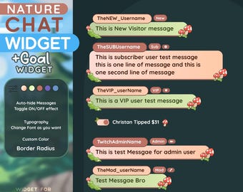 May include: A digital nature-themed chat and goal widget overlay featuring rounded message boxes in light green and peach tones, decorated with small red mushrooms and green moss graphics, displaying various user roles and sample text messages.