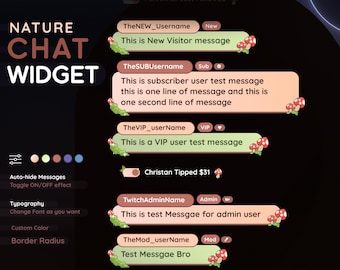 May include: A digital chat widget interface titled Nature Chat Widget featuring rounded message boxes in shades of light green and peach. Each message box is decorated with small red and white mushroom illustrations and green foliage accents.