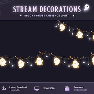 May include: Digital stream decorations featuring a spooky ghost ambience light animation. The graphic displays glowing white ghost-shaped lights strung along a dark wire with small white orbs. Text includes STREAM DECORATIONS, SPOOKY GHOST AMBIENCE LIGHT, 1920 x 1080, and Seamless loop animation.