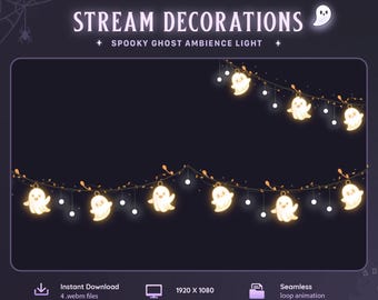 May include: Digital stream decorations featuring a spooky ghost ambience light animation. The graphic displays glowing white ghost-shaped lights strung along a dark wire with small white orbs. Text includes STREAM DECORATIONS, SPOOKY GHOST AMBIENCE LIGHT, 1920 x 1080, and Seamless loop animation.