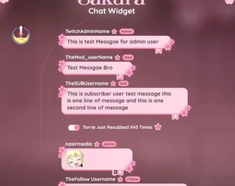 May include: A Sakura Chat Widget interface featuring a dark pink background with cherry blossom accents. The display shows various chat bubbles with usernames like TwitchAdminName, TheMod_userName, and TheSUBUsername, alongside status labels and text.