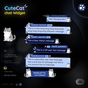 Könnte beinhalten: Digitales Oberflächendesign für ein "CuteCat" Chat-Widget mit einem Cartoon-Katzen-Maskottchen. Das Design umfasst Nachrichtenblasen, Benutzernamen und Anpassungsoptionen wie Farbe und Rahmenradius. Der Text enthält "Test Messgae Bro" und "Dies ist eine VIP-Benutzertestnachricht."