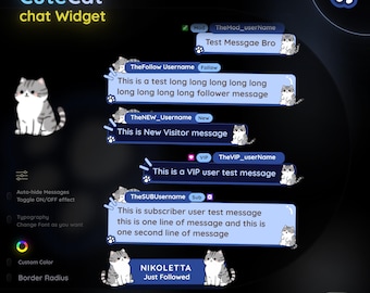May include: A digital interface design for a "CuteCat" chat widget, featuring a cartoon cat mascot. The design includes message bubbles, user names, and options for customization like color and border radius. Text includes "Test Messgae Bro" and "This is a VIP user test message."