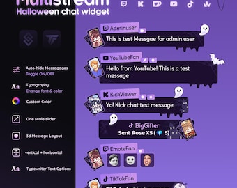 May include: A purple Multistream Halloween chat widget digital overlay featuring dark, dripping message boxes with ghost and bat icons. The interface displays various user names, test messages, and platform logos for streaming services on a dark background.