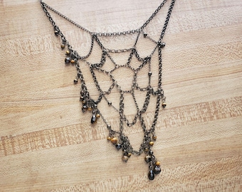 spider web necklace with tiger's eye - witchy jewelry - antique bronze toned chain