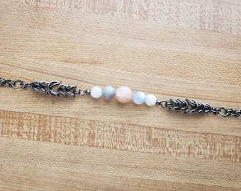 peach moonstone, labradorite, moonstone box weave necklace - chunky beaded gemstone, gunmetal chainmail choker