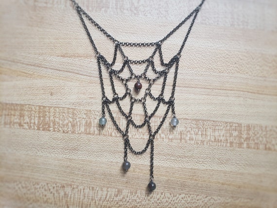 spiderweb necklace with bloodstone
