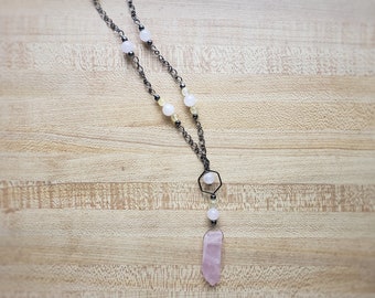 strawberry lemonade necklace with rose quartz stick pendant /// ready to ship