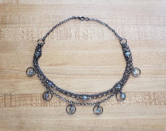 layered choker with labradorite - 15 gem options: moonstone, amethyst, onyx + more - gunmetal chain