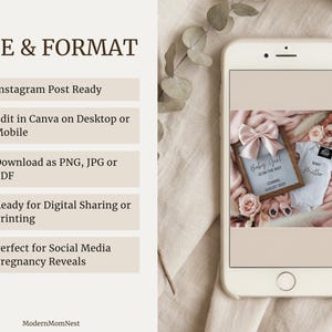May include: A smartphone displays a pregnancy announcement. The image includes a framed sign with a pink bow, text reading "Baby Girl is on the way, coming August 2025", and a baby onesie. The background features flowers and soft textures.