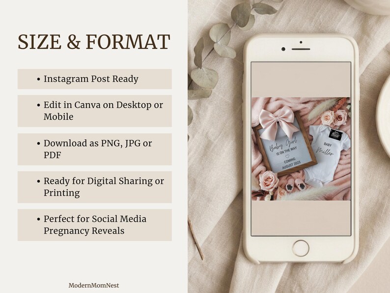 May include: A smartphone displays a pregnancy announcement. The image includes a framed sign with a pink bow, text reading "Baby Girl is on the way, coming August 2025", and a baby onesie. The background features flowers and soft textures.