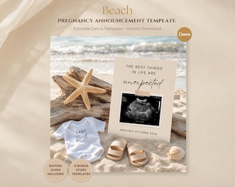 Beach Pregnancy Announcement Template Editable Canva Baby Reveal Digital Summer Baby Announcement