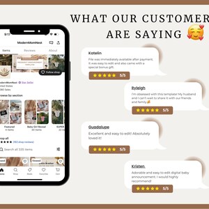 May include: Screenshot of a mobile phone displaying a shop's website. The website features a variety of baby announcement templates. The website also includes customer reviews with five-star ratings and positive comments.