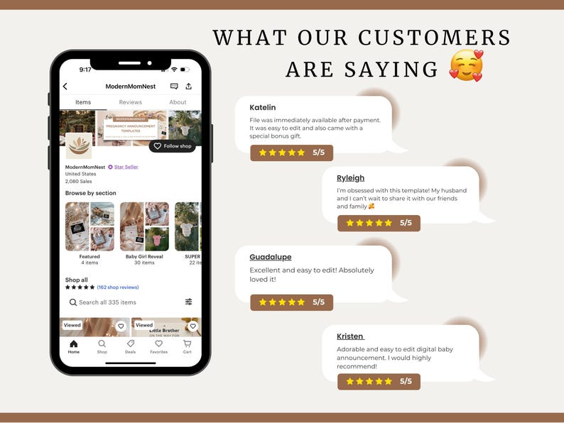 May include: Screenshot of a mobile phone displaying a shop's website. The website features a variety of baby announcement templates. The website also includes customer reviews with five-star ratings and positive comments.