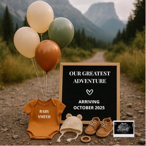 Adventure Pregnancy Announcement Digital Mountain Baby Announcement with Balloons Gender Neutral Baby Reveal Editable Social Media Template