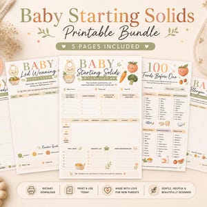 May include: A collection of printable baby food guides and planners. The bundle includes checklists, a planner, and an allergen tracker. The text includes "Baby Starting Solids Printable Bundle" and "5 Pages Included". The design features soft colors and illustrations.