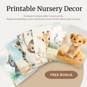 Pode incluir: Seis impress&otilde;es de ber&ccedil;&aacute;rio imprim&iacute;veis com ador&aacute;veis animais de saf&aacute;ri, incluindo uma girafa, uma zebra, um macaco, um elefante, um hipop&oacute;tamo e um le&atilde;o. As impress&otilde;es est&atilde;o prontas para download e impress&atilde;o, e s&atilde;o perfeitas para adicionar um toque de selvagem ao seu ber&ccedil;&aacute;rio.  FREE BONUS est&aacute; escrito em um bot&atilde;o marrom.