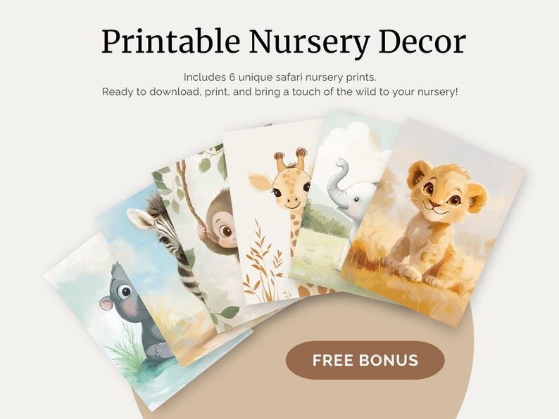 Pode incluir: Seis impress&otilde;es de ber&ccedil;&aacute;rio imprim&iacute;veis com ador&aacute;veis animais de saf&aacute;ri, incluindo uma girafa, uma zebra, um macaco, um elefante, um hipop&oacute;tamo e um le&atilde;o. As impress&otilde;es est&atilde;o prontas para download e impress&atilde;o, e s&atilde;o perfeitas para adicionar um toque de selvagem ao seu ber&ccedil;&aacute;rio.  FREE BONUS est&aacute; escrito em um bot&atilde;o marrom.