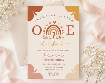 Onederful First Birthday Invitation Girl Boho Rainbow One Birthday Invite Editable Template Isn't She Lovely 1st Birthday Party Printable