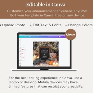 Pode incluir: Um ecr&atilde; de computador port&aacute;til que mostra um modelo de design Canva para um an&uacute;ncio de nascimento. O modelo apresenta um sinal de quadro-negro com o texto "O nosso pequeno presente est&aacute; a caminho" e um urso de peluche. O design &eacute; colocado sobre um fundo de cena de inverno com ramos de pinheiro e luzes.