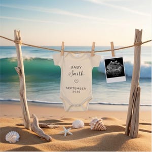 Babymitteilungs-Strand-Digital-Schwangerschaftsankündigungs-Vorlage Sommer-Baby-Enthüllung Geschlechtsneutral-See Schwangerschaft enthüllen Bearbeitbare Social Media