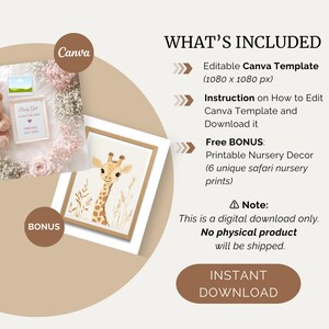 May include: A digital download for a printable nursery decor set featuring a giraffe illustration. The set includes six unique safari nursery prints and an editable Canva template. The template is 1080 x 1080 pixels.