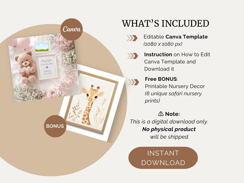 May include: A digital download for a printable nursery decor set featuring a giraffe illustration. The set includes six unique safari nursery prints and an editable Canva template. The template is 1080 x 1080 pixels.