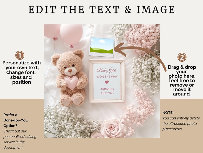 May include: A pink and white baby shower announcement with a teddy bear holding a pink heart. The announcement says "Baby Girl is on the way" and "Arriving July 2025".