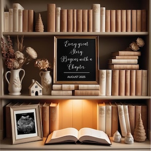 Neutral Book-Themed Pregnancy Announcement Digital Baby Reveal Editable Social Media Template Book Lover Baby Announcement Instant Download