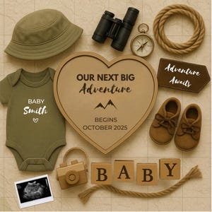 Abenteuer Schwangerschaftsmitteilung Digitale Berg Babymitteilung Wanderbaby Camping Baby enthüllen Weltkarte Baby Social Media Template